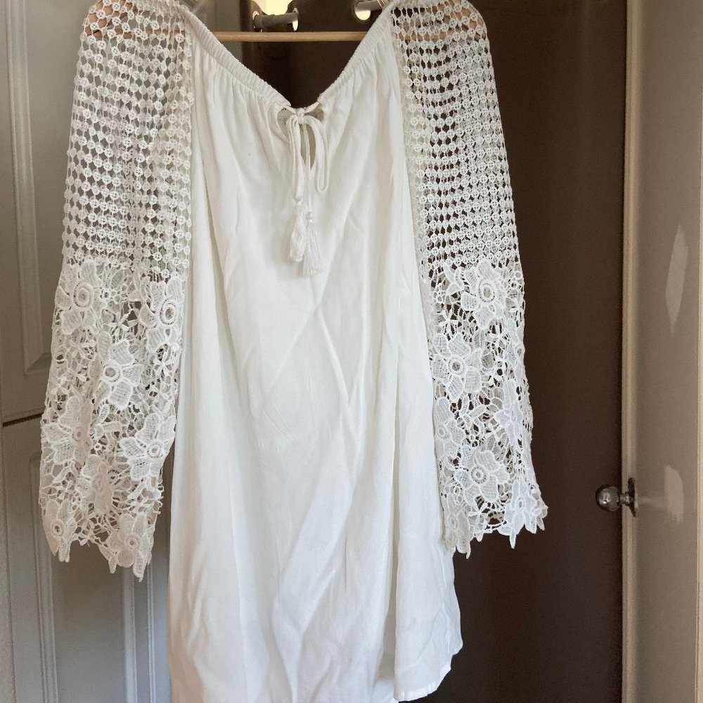 Off shoulder White Dress with lace long sleeves